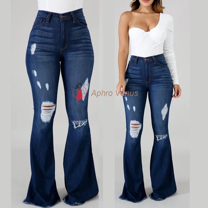 High Street Personality High Stretch Ripped Flare Jeans High-waisted Full Length Demin Pants Women Skinny Trousers