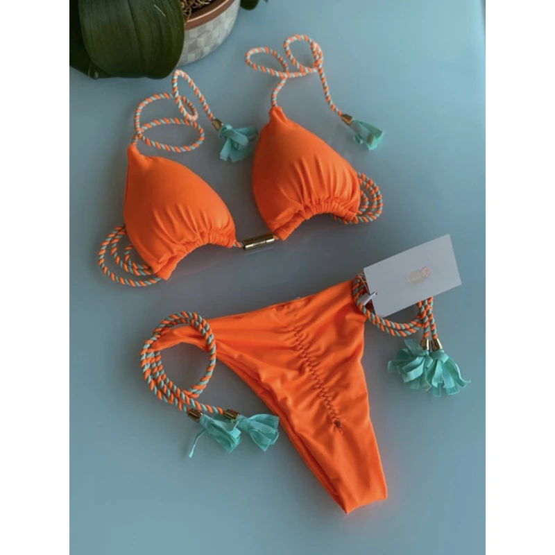 Women Sexy Bikini Thong Bandage Swimsuit Push Up Bikinis Set Pink Halter Swimwear Female Summer Beach Wear 2 Pieces Bathing Suit