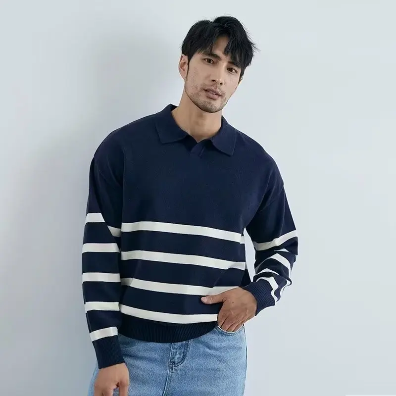 

Fashion Colorblock Pullover for Men Casual Long Sleeve Sweater Polo Striped Collar Knitwear Bottoming Shirt sueter masculino