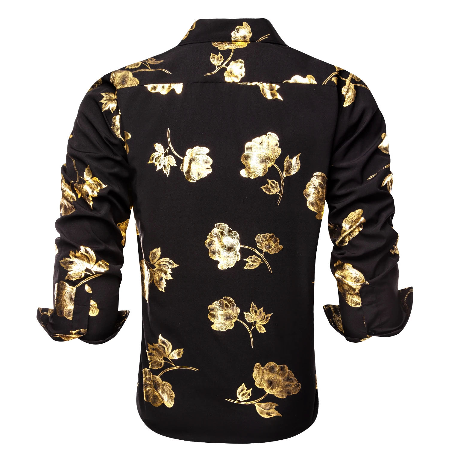 Hi-Tie Black Gold Silk Mens Shirts Christmas Spring Autumn Long Sleeve Lapel Shirt Male Formal Business Party Designer Gifts
