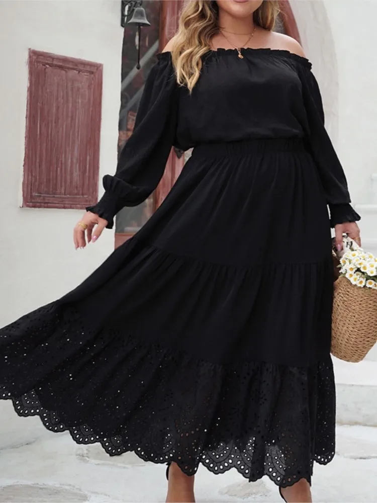 Plus Size Spring Long Skirts Women Hollow Out Loose Ruffle Pleated Ladies Skirts Elastic High Waist Fashion New Woman Skirts