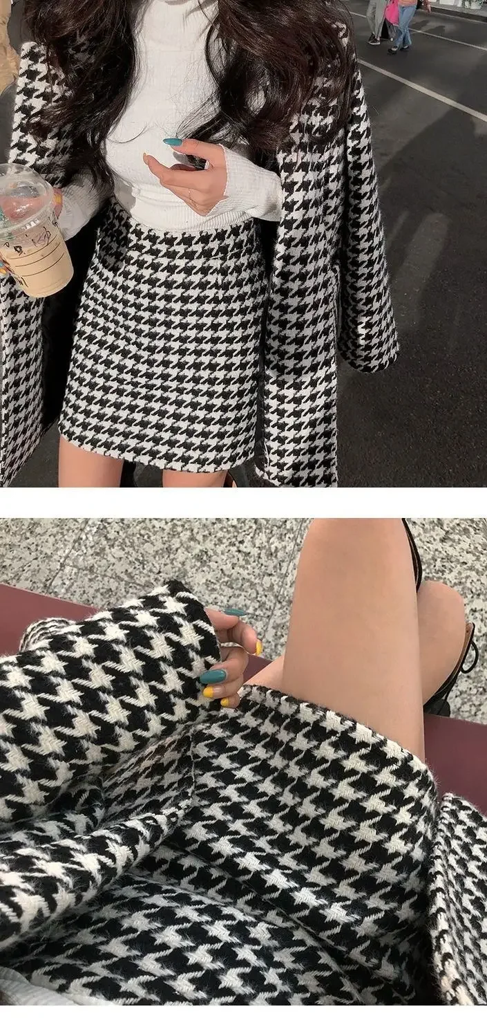 Autumn Winter Plaid Woolen Ladies 2 Piece Set Long Sleeve Suit Coat And High Waist A-line Mini Skirt Outfit