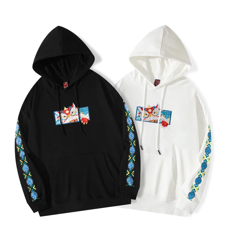 

Chinese Style Embroidery Luxury Loose Fit Pullover Hoddies For Men Autumn High Quality Cotton Oversized Couple Casual Pull Homme