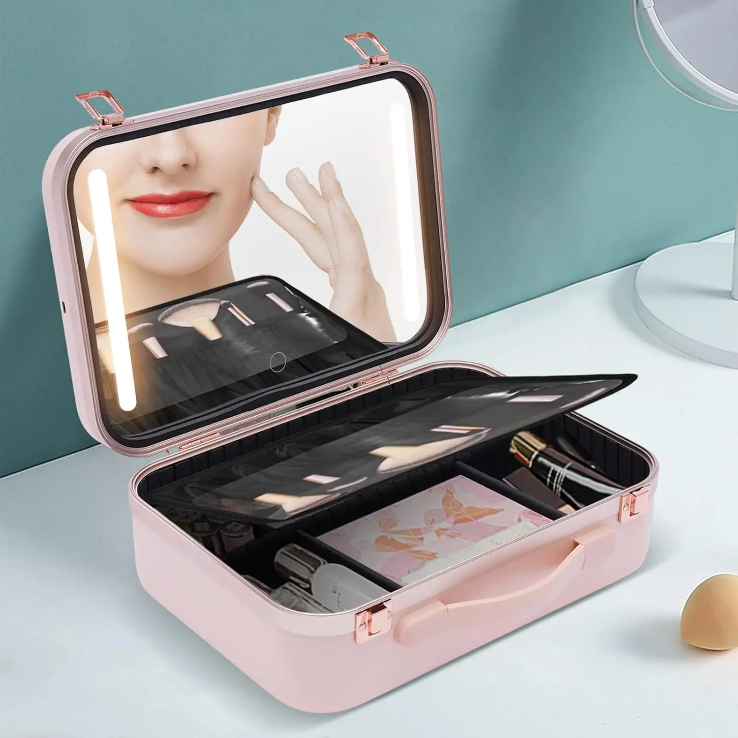 13.4 Inch Travel Makeup Case with Large Lighted Mirror Partitionable Cosmetic Bag Waterproof Portable Cosmetic Organizer (Pink) 5