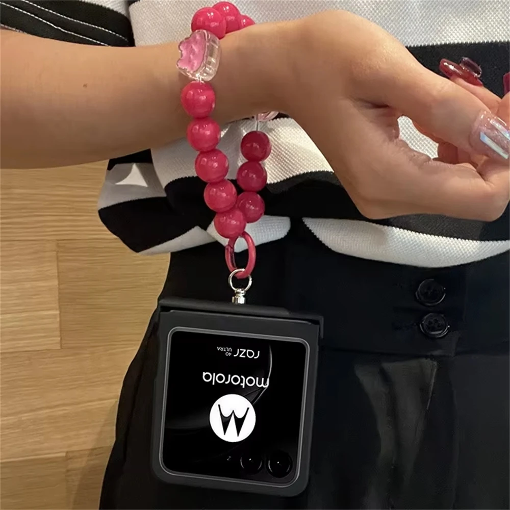 Cute Pink Beaded Bracelet Strap Love Phone Case - Hinge Protective Cover