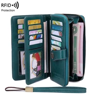 RFID anti-theft brush Retro large capacity long wallet Multi-card women's wallet Multi-function zipper wallet with wrist strap 1