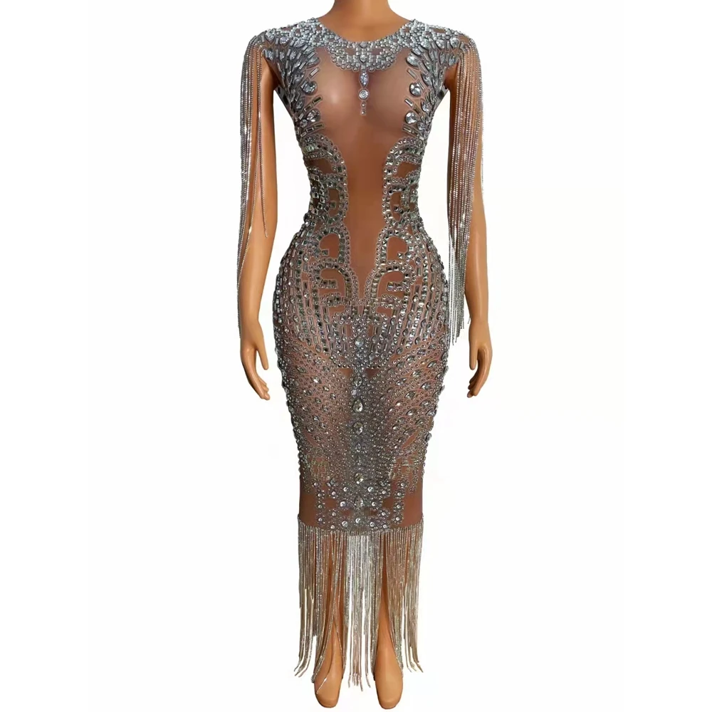 

Sparkly Rhinestones Chains Silver Fringe Transparent Short Birthday Celebrate Chain Shoulder Outfit Women Dancer Evening Dress