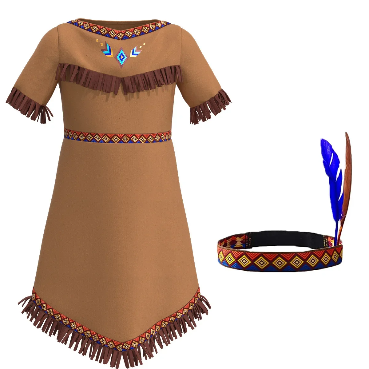 

Indian Primitive Girls Cosplay Feather Headwear Girl Native American Costume Children's Dress Set Performance Costume Halloween