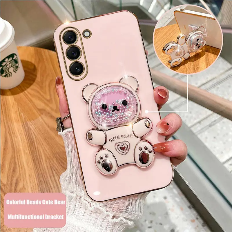 Coque de téléphone plaquée avec support d'ours mouvant, étui mignon pour Samsung Galaxy S23 S21 S20 S22 S10 Note 10 20 23 Plus Ultra S21Fe_voghion.com