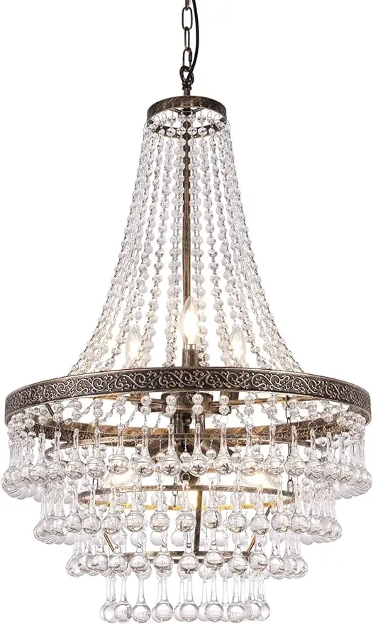 

French Empire Crystal Chandelier Lighting Antique Bronze, 6-Light French Country Foyer Chandelier Pendant, 22" Dia x 35" H