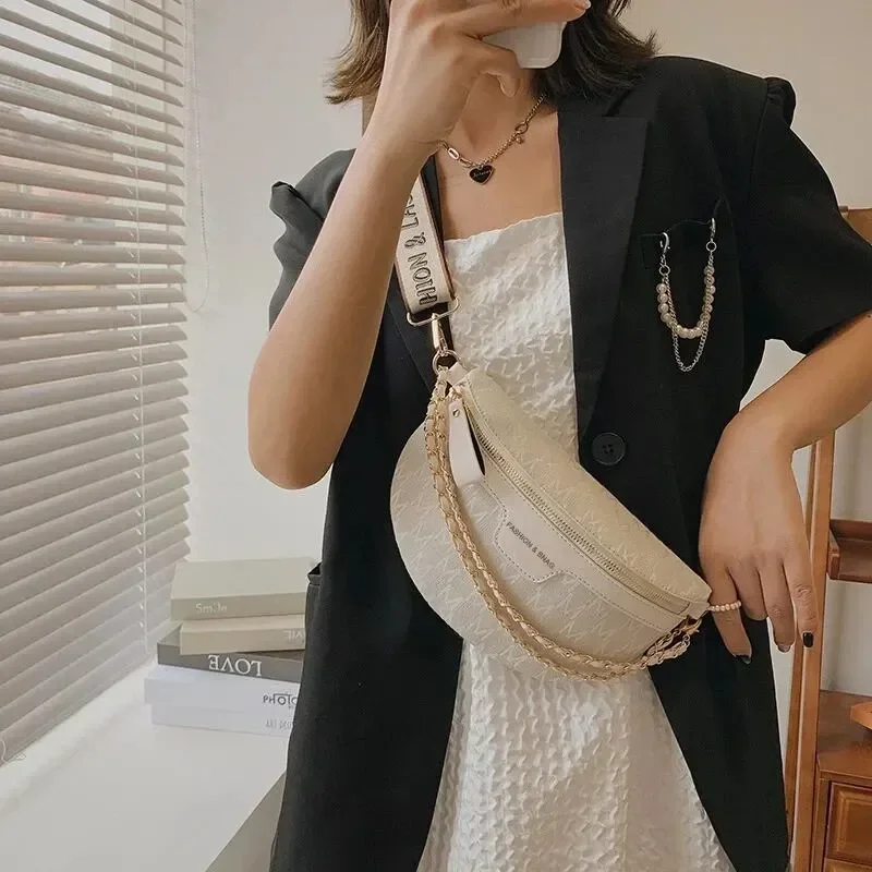 Fashion Pattern Fanny Packs for Women Stylish Letter Printed Chain Waist Bag Female Waist Pack Wide Strap Crossbody Bag