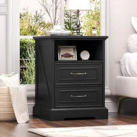 Farmhouse Nightstand with Charging Station, Side Table with 2 Storage Drawers, Rustic Wood Night Stand with Metal Handle 1