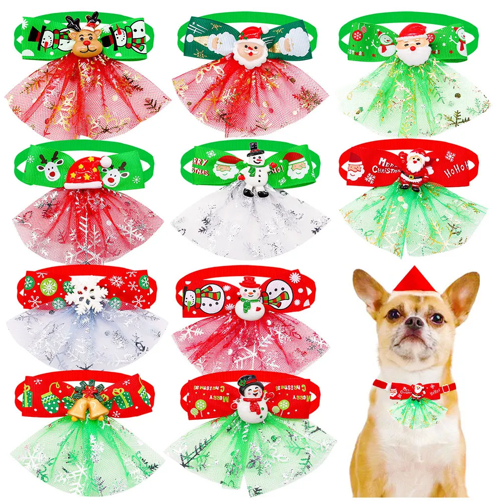 10pcs Christmas Pet Bowknot Dog Bowtie Dog Bow With Lace Grooming