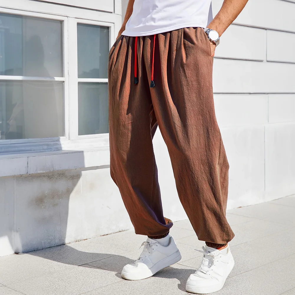 Herren Baumwoll-Leinen Haremshose Lässige Trendige Bequeme Atmungsaktive Hose Locker Sitzende Einfarbige Jogginghose Lange Herrenhose