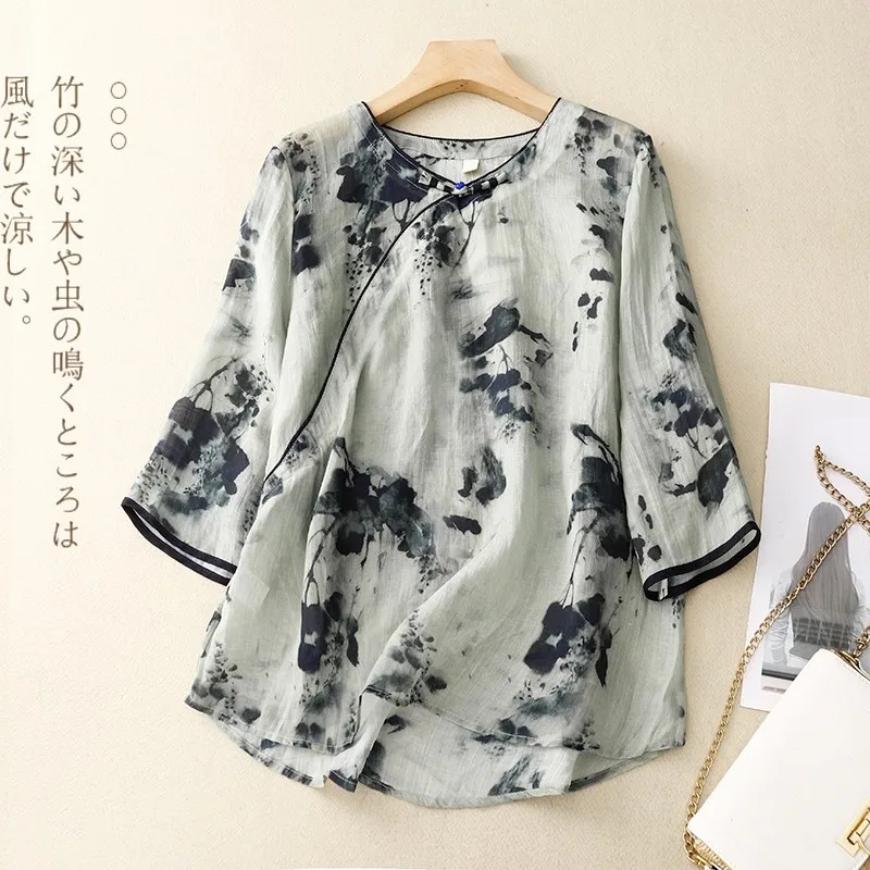 

2023 Summer New Arts Style Women Half Sleeve Loose Casual O-neck cotton Tee Shirt Vintage Print Femme Tops Tee Shirt P101