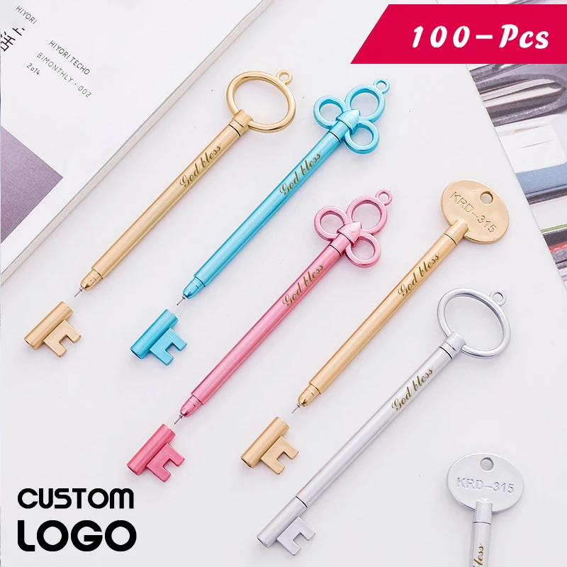 100pcs Custom LOGO Signature Pen Creative Retro Key Styling Gel Pen School Supplies Stationery Cute Gift Pens Laser Lettering