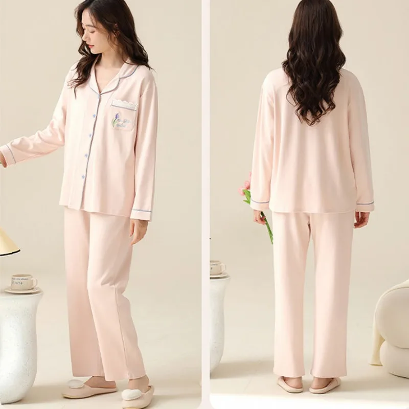 2024 New Pajamas Women's Spring Autumn Long Sleeved Pants V-neck Loungewear Cotton Sleepwear Cute Loose Homewear Two-piece Set