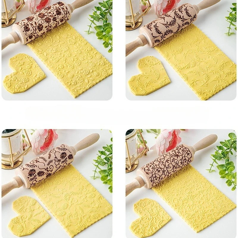 Wooden Spring Pattern Rolling Pin for Baking Cookies