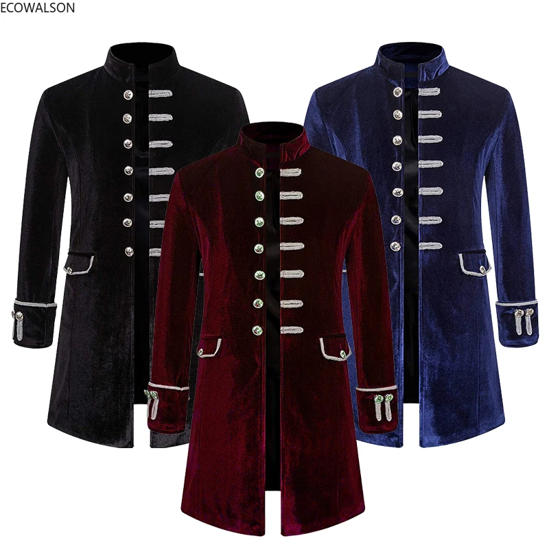 

Mens Velvet Goth Steampunk Victorian Frock Coat Medieval Costumes Pirate Jacket for Men