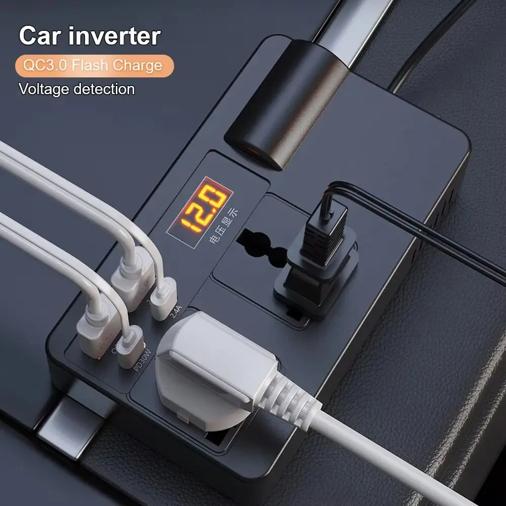 유니버설 차량용 인버터 고출력 DC 12V/24V - AC 220V 전원 어댑터 디지털 디스플레이 QC 3.0 USB/PD/타입 C 충전기 차량용 컨버터