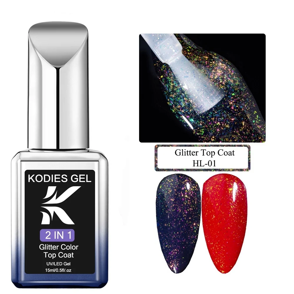 KODIES GEL Aurora Sparkle Top Coat Glitter Gel Nail Polish 2 IN 1 Chrome Pigment Shine Gel Finish Sealer Color Topcoat Nails Art 6