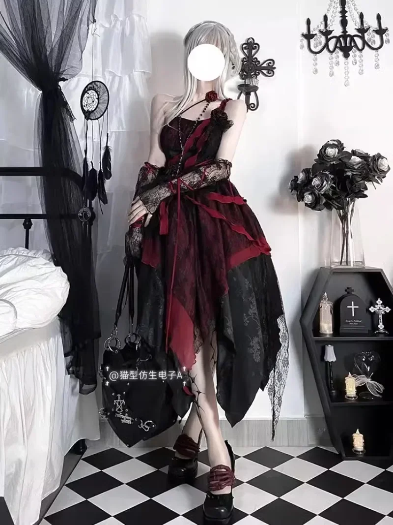 Japanese Lolita Gothic Style Irregular Stitching Slings Vestidos De Mujer  JSK Adjustable Spaghetti-Strap Dress Women's Clothing - AliExpress 200000345