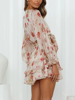 Women Spring Casual Mini Dress Floral Print Deep V-Neck Tie-Up Long Sleeve Sweet Dress Fashion Ruffles Dress 3