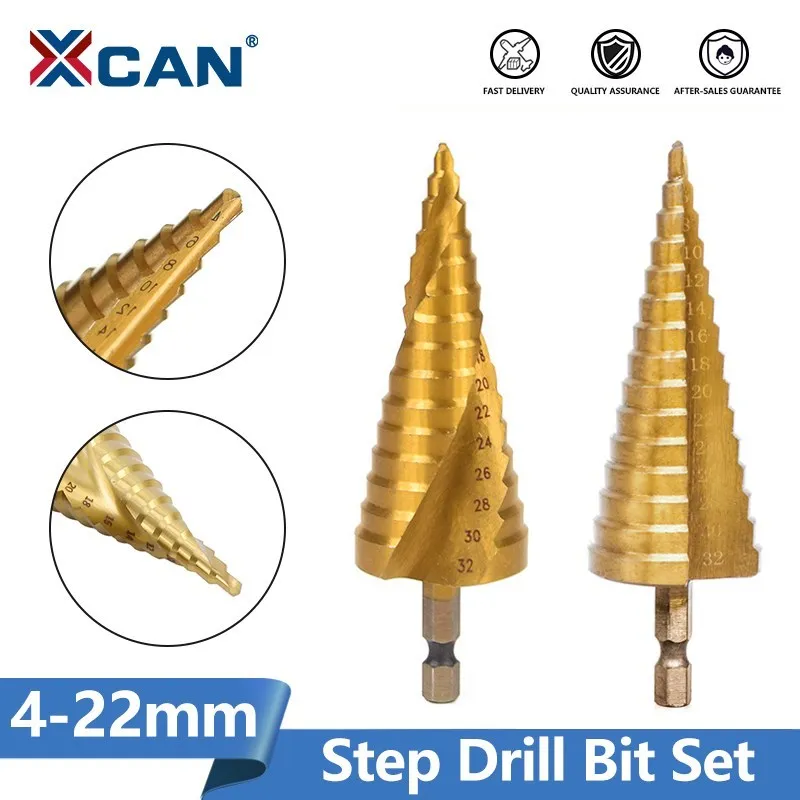 XCAN Hex Shank HSS Drill Bit 4-22mm Titanium Coated Step Drill HSS Straight Flute Pagoda Drill Woodworking Tool Hole Cutter 