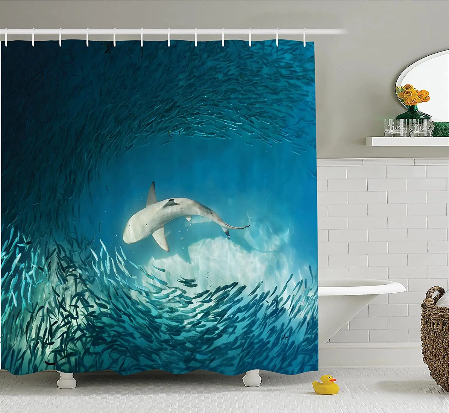 Sea Animals Shower Curtain Shark And Small Fish In Ocean Wilderness
