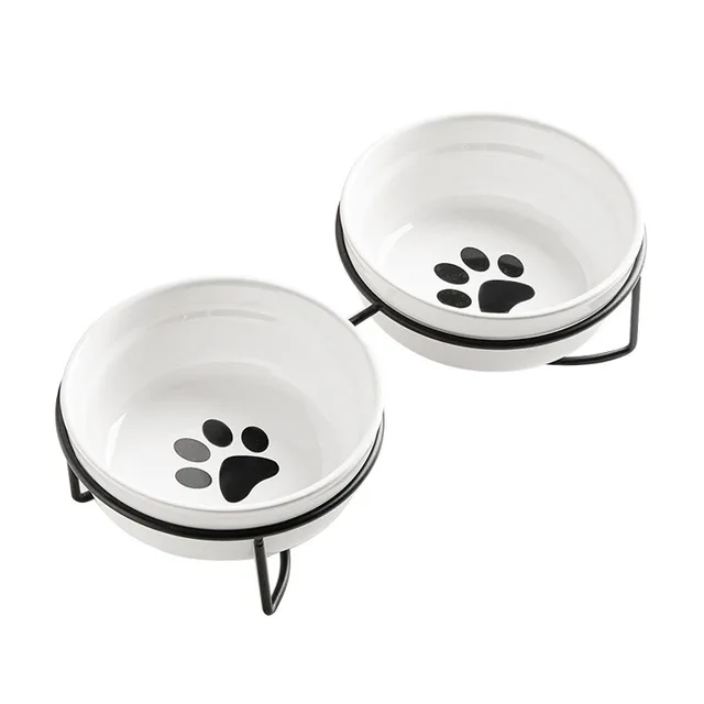 Cute Paw Print Cat Bowl Cartoon Pet Ceramic Bowl Iron Frame Double Bowl Dog Cat Universal High Quality Non-slip Bowl Pet Feeder 6