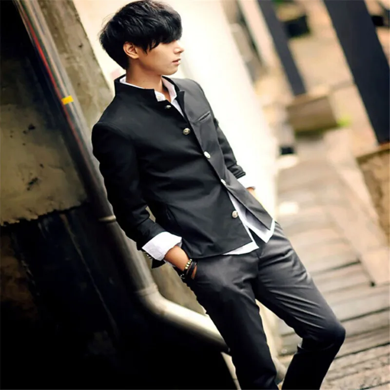 Mens Blazer Men Black Slim Tunic Jacket Single Breasted Blazer Japanese School Uniform College Coat mens blazer
