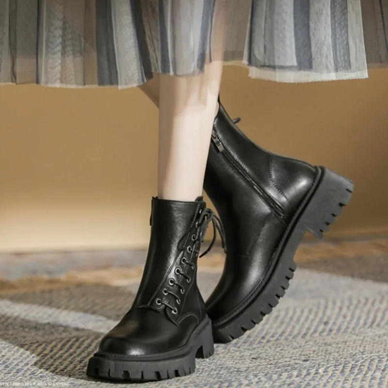 2024 High Quality Shoes Female Cross-tied Women's Boots Fashion Side Zipp Daily Boots Women New Round Toe Ankle Boots comfort