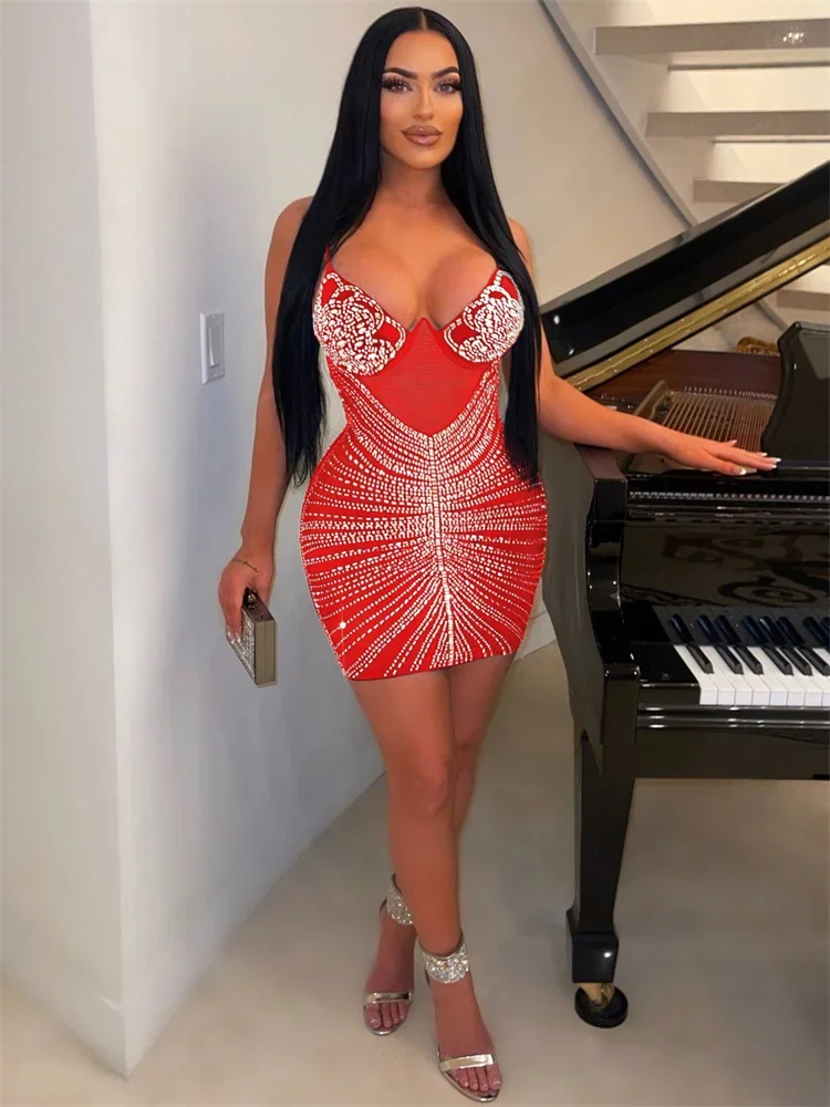 Wmstar Women Diamonds Hot Drill Sleeveless V-Neck Dress Fashion Bodycon Mini Evening Sexy Clubwear Party Vestidos Pencil Dresses