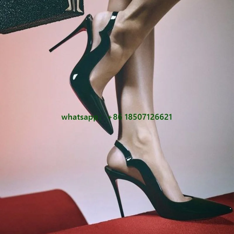 

Pointed Toe Back Strap Patent Leather High Heels Solid Color Large Size Sexy Slingback Pumps