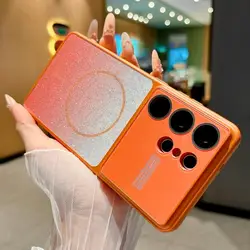 Gradient Glitter Magnetic Phone Case with Camera Protection - Shockproof PC Cover - Galaxy S23 Ultra (Orange)