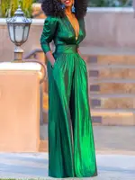 Bonboho Women's Solid Color Jumpsuit Deep V-neck Three-Quarter Sleeves High Waist Wide Leg Oe-piece Suit Summer Casual Jumpsuits - Image 3