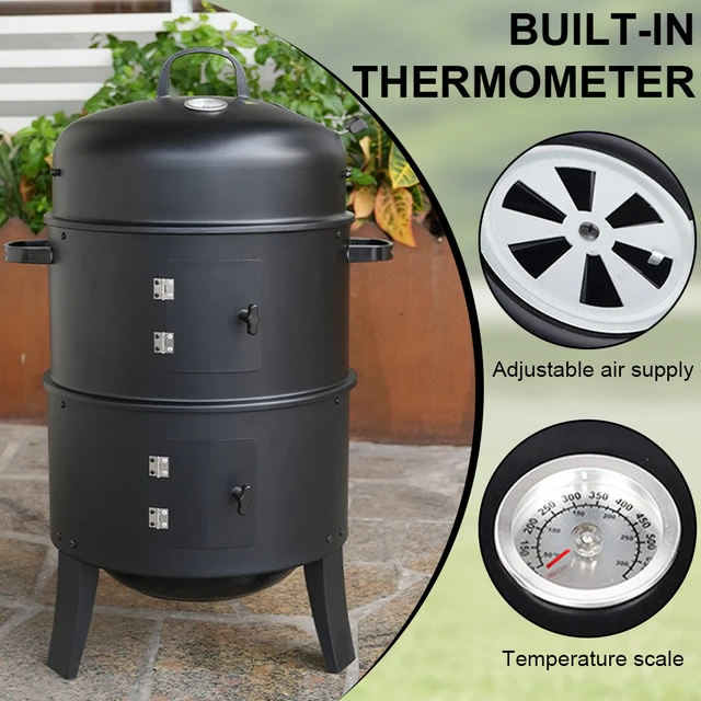 Vertical Charcoal Smoker with Built-in Thermometer Round BBQ Grill 2 Access Doors for Parties Camping Outdoor Cooking 5