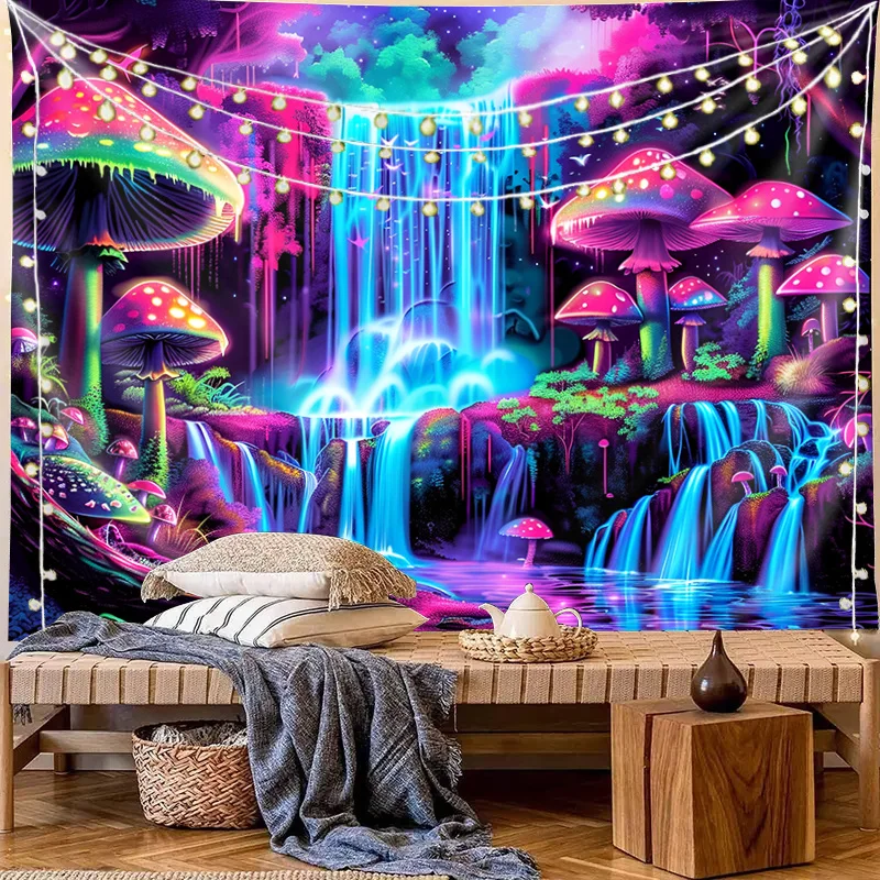 VIKAMA Wandteppich mit schwarzem Licht, Pilzwald, Wohnzimmer, Schlafzimmer, Schlafsaal, Wandbehang, Party-Thema, dekorativer Wandteppich – Detail 5