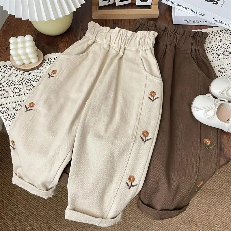 Spring Autumn Toddler Girls Casual Pants Flower Embroidery Solid Cotton Baby Girls Harem Pants Children Trousers girls pants kids pants girls trousers