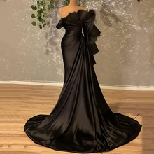 

Thinyfull Sexy Prom Dress Black Mermaid Floor Length Evening Gowns Dresses One Shoulder Satin Tulle Saudi Arabia Duabi Plus Size