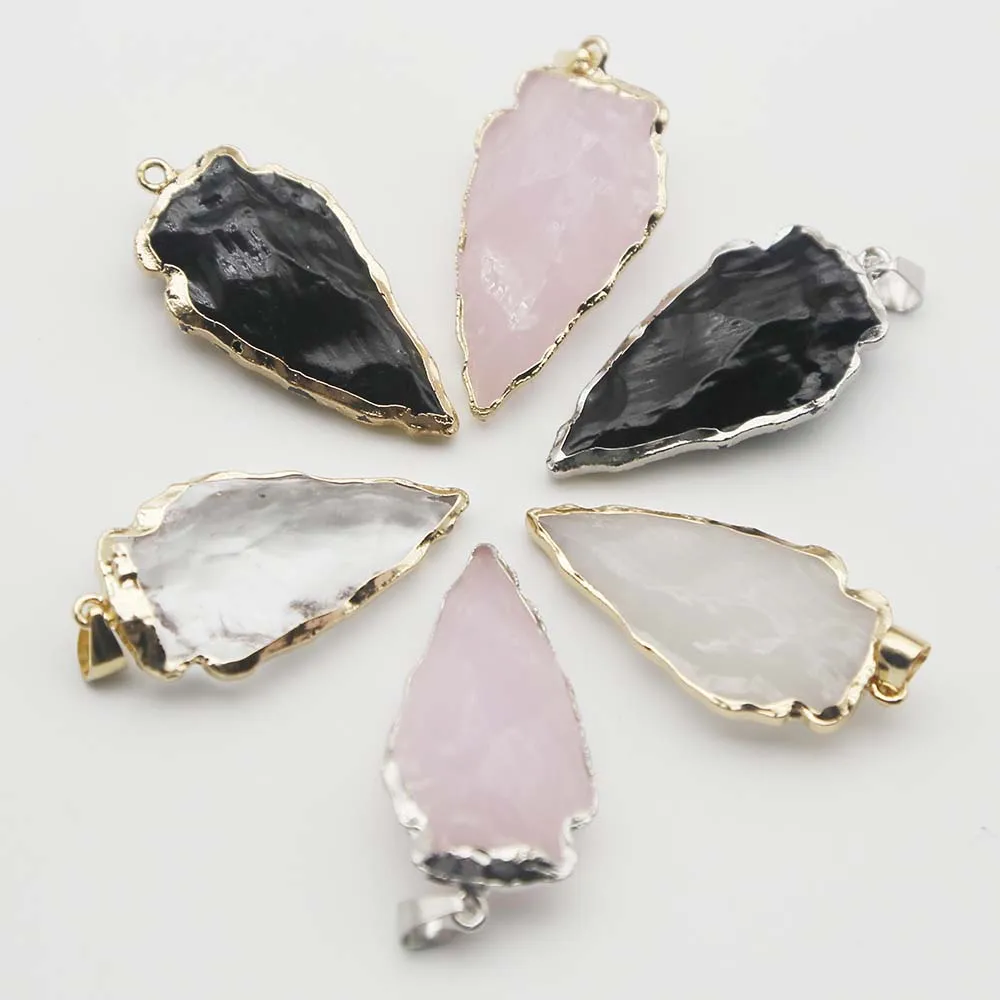 Electroplated Wrap Edge Arrow Shaped Triangle Obsidian Rose Quartz Pendants Jewelry DIY Popular Pendant Necklace Wholesale 6Pcs