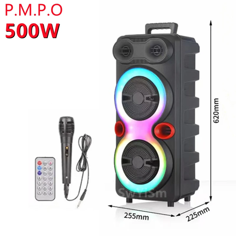 

500W Dual 8-Inch Bluetooth Speaker Portable Subwoofer Trolley Case RGB Wireless Sound Column Household Karaoke With Microphone