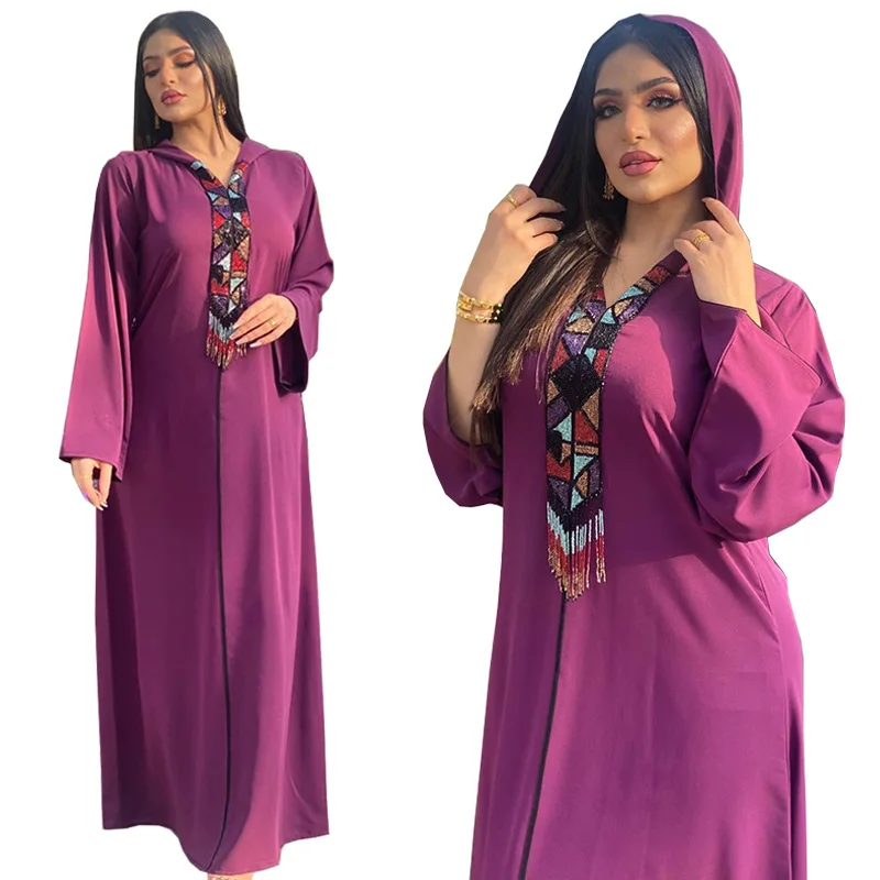 Satin Hooded Abaya Dress for Women Luruxy Beaded Tassel Robe Muslim Moroccan Caftan Dubai Turkey Arab Oman Clothes 2023