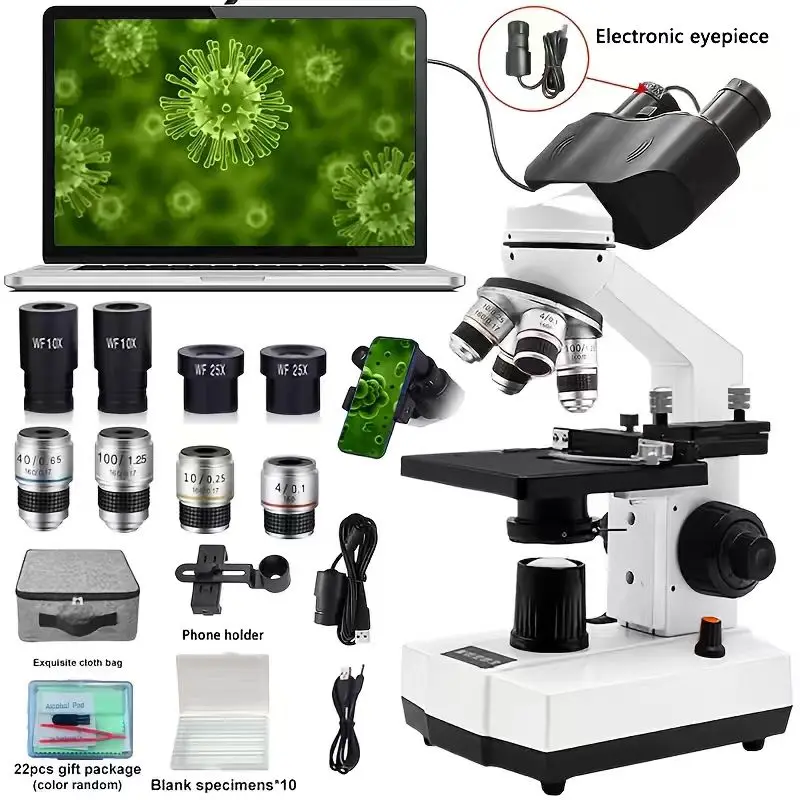 Professional 40X-2500X Binocular Compound Microscope with Abbe Condenser & LED Illumination, Includes USB Camera, Phone Ada