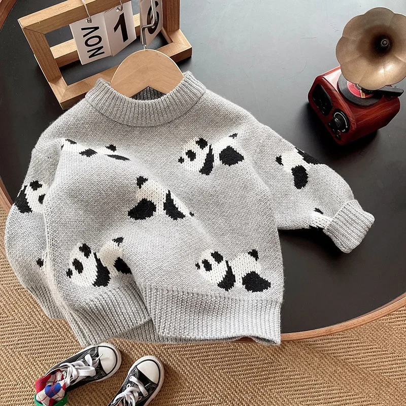 

Autumn Winter Children's Pure Cotton Sweater Boys Girls Baby Cartoon Academy Style Warm Knitwear Kids Panda Clothes 1 2 3 4 5 Y
