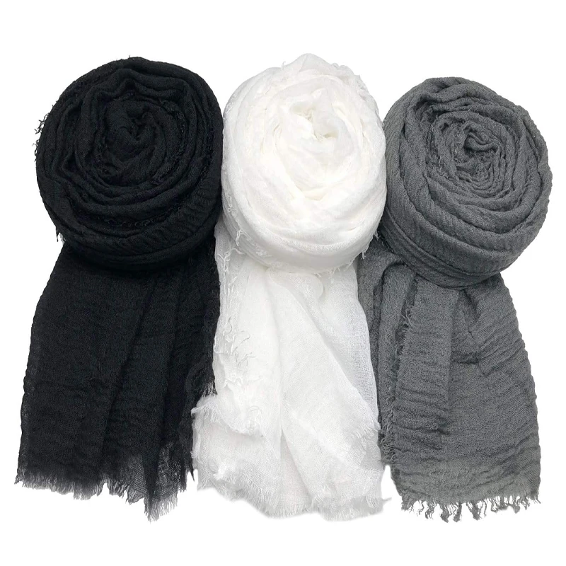 Black White Crinkle Cotton Hijab Light Soft Solid Scarf Wrap Shawl