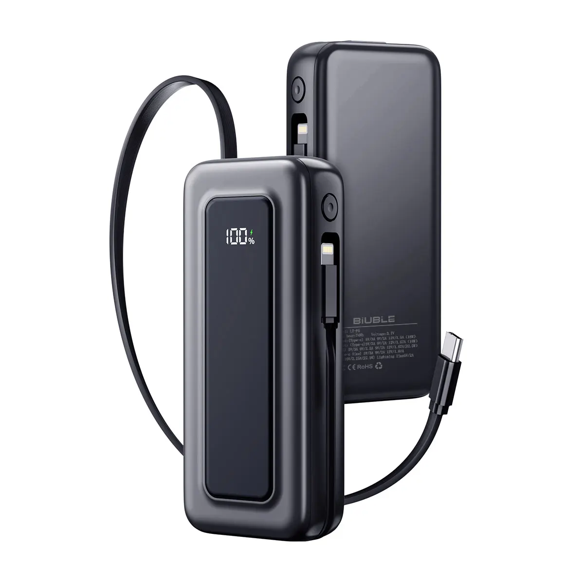 20 W Power Bank 10000 mAh mit integriertem einziehbarem Typ-C-Kabel PD-Schnellladung für iPhone 16 15Pro iPad Digitalanzeige – Detail 1