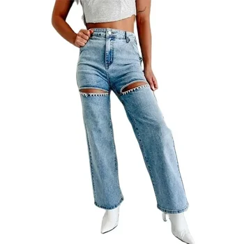 2024 Fashion Thigh Split Diamante Decoration Straight Jeans Women Casual Denim Trousers High Waist Pants Female Trend Streetwear 1