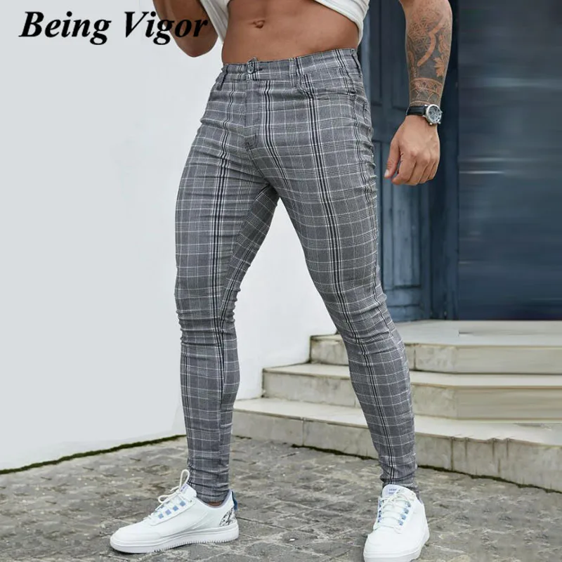 

Being Vigor Street Wear High Stretchy Mens Chino Pants Plaid Slim Male Business Casual Pants Pencial Checked Trousers pantalone