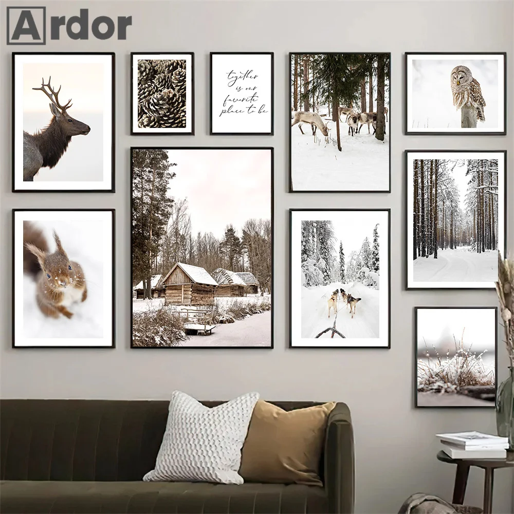 

Forest White Snow Elk Squirrel Poster Wood Pine Canvas Painting Winter Landscape Picture Modern Wall Art Print Living Room Decor